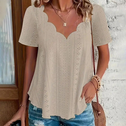 Women's Summer Scallop Trim V Neck Eyelet T-Shirt Short Sleeve Top Dressy Casual Tunic Blouses