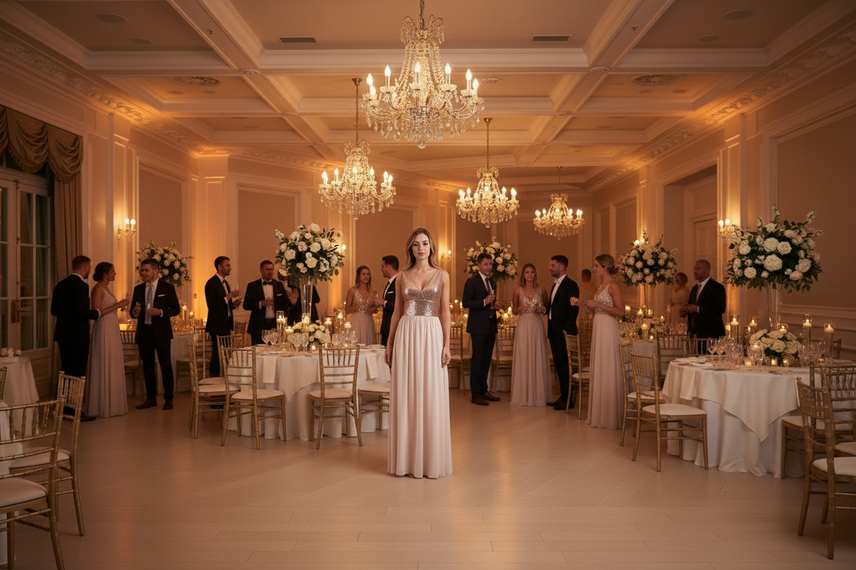 Champagne sleeveless V-neck dress with beaded bodice and flowing floor-length skirt