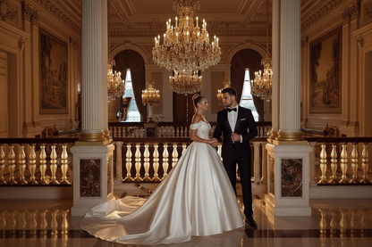 White off-shoulder A-line wedding dress with fitted bodice and flowing skirt, side view