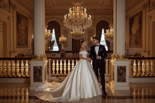 White off-shoulder A-line wedding dress with fitted bodice and flowing skirt, side view