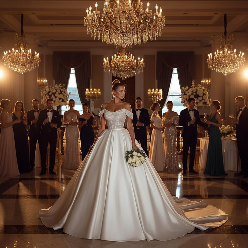 White off-shoulder A-line wedding dress with structured bodice and full skirt, bouquet