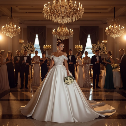 White off-shoulder A-line wedding dress with structured bodice and full skirt, bouquet