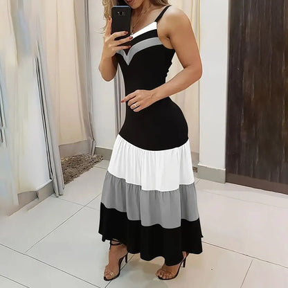 Women's Summer Casual Sleeveless V Neck Color Block Spaghetti Strap Maxi Long Dress