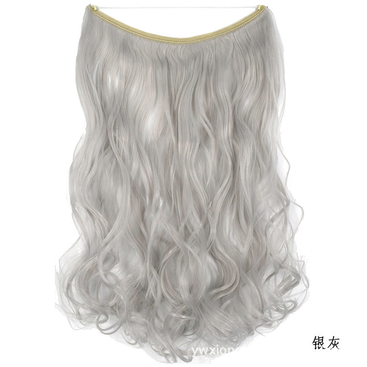 Women's one-piece seamless hair extension wig with long wavy silver gray hair