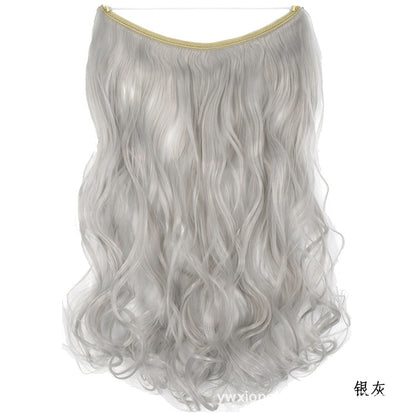Women's one-piece seamless hair extension wig with long wavy silver gray hair