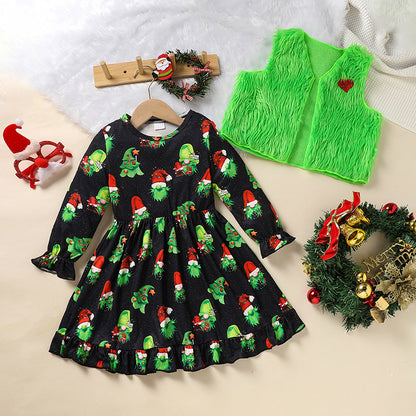 Toddler Kids Baby Girl Christmas Outfits, Long Sleeves Cartoon Prints Party Dress With Heart Print Vest Coat Set