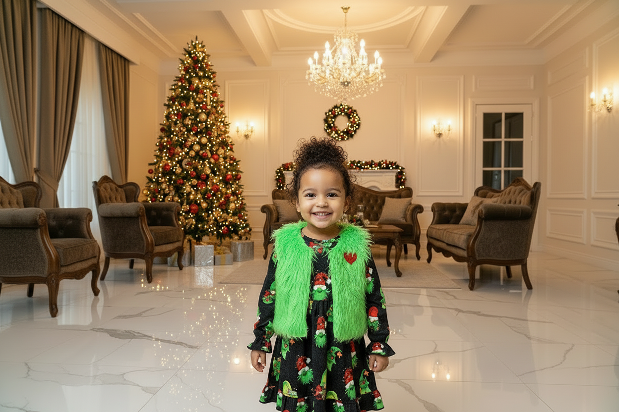 Toddler Christmas dress set with green faux-fur vest over black cartoon print dress