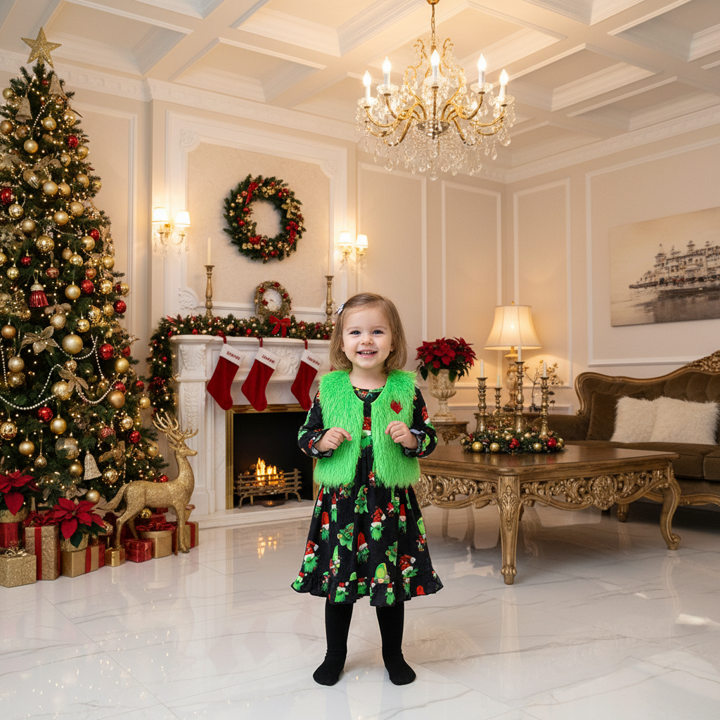 Toddler Christmas dress set with green faux-fur vest and heart detail, long sleeves