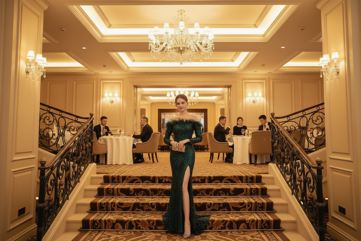 Dark green off-shoulder evening dress with long sleeves and sequined fishtail slit