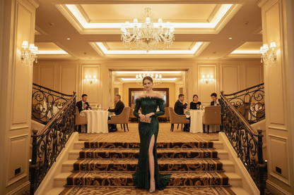 Dark green off-shoulder evening dress with long sleeves and sequined fishtail slit
