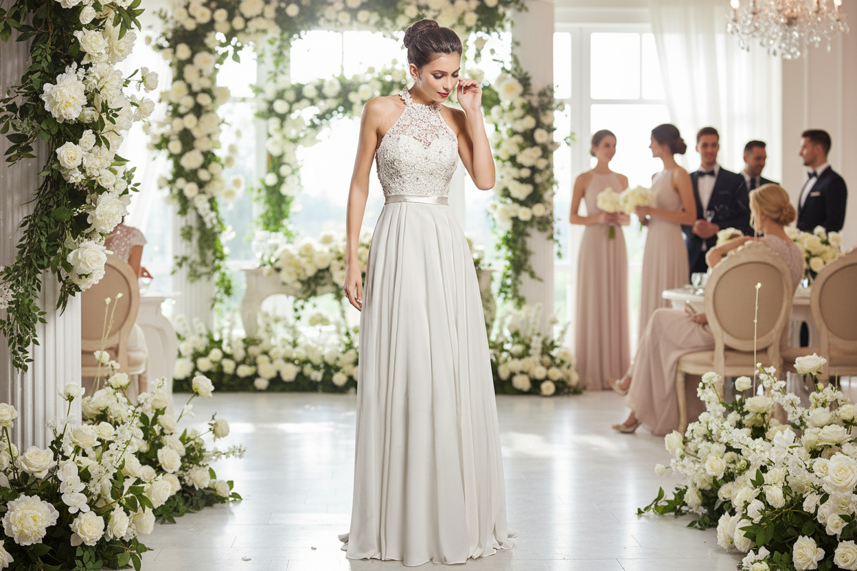 Sleeveless Halter neck Wedding Temperament Bridesmaid Dress