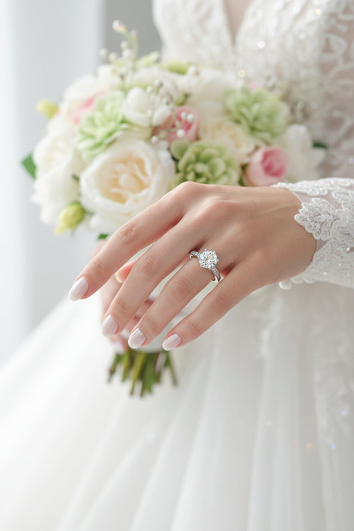 Silver moissanite halo wedding ring with round center stone on bridal hand