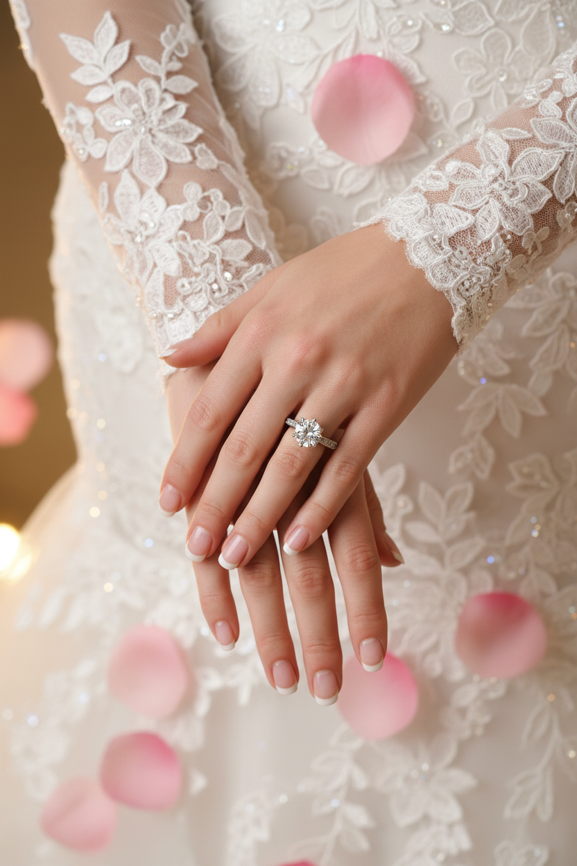 Silver moissanite halo wedding ring with round center stone on bridal hand