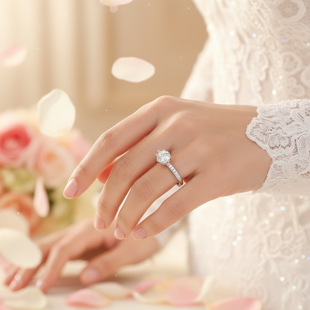 Silver moissanite halo ring with round center stone on raised hand