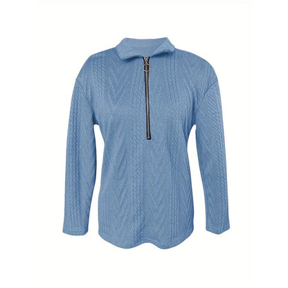 Women's Solid Color Textured Zip-Up Collared Long Sleeve Top - Casual Blouse With Stretchy Comfort Fit