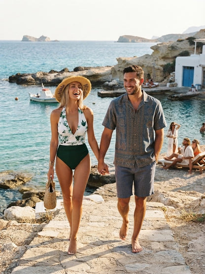 Women's dark green one-piece swimsuit with deep V, floral print, tie-front