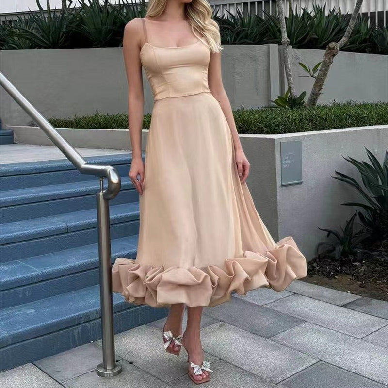 Beige A-line dress with spaghetti straps and 3D flower hem ruffle