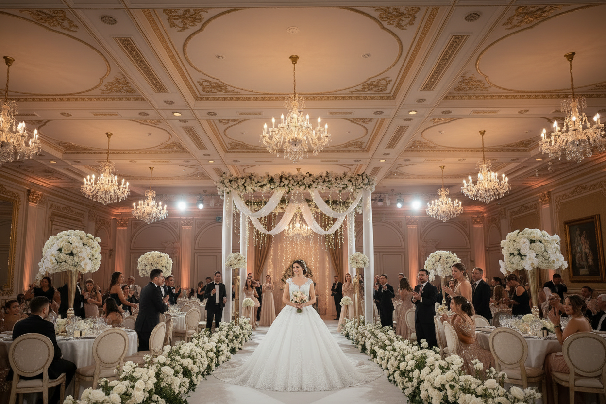White lace wedding dress with lace bodice, full skirt, and extended train on aisle