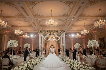 White lace wedding dress with lace bodice, full skirt, and extended train on aisle