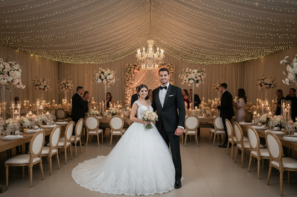 White lace wedding dress with sleeveless illusion bodice and full A-line skirt with train
