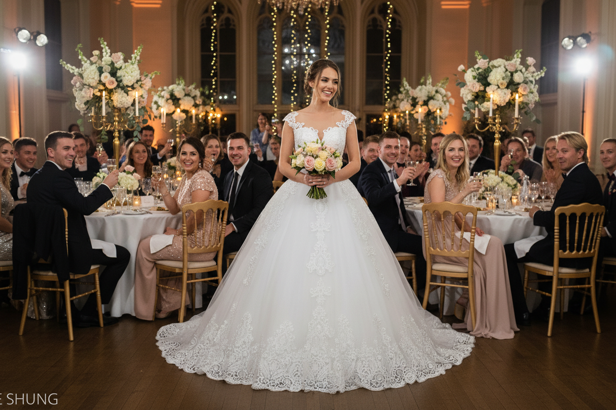 White lace wedding dress with off-shoulder lace bodice and full ballgown skirt