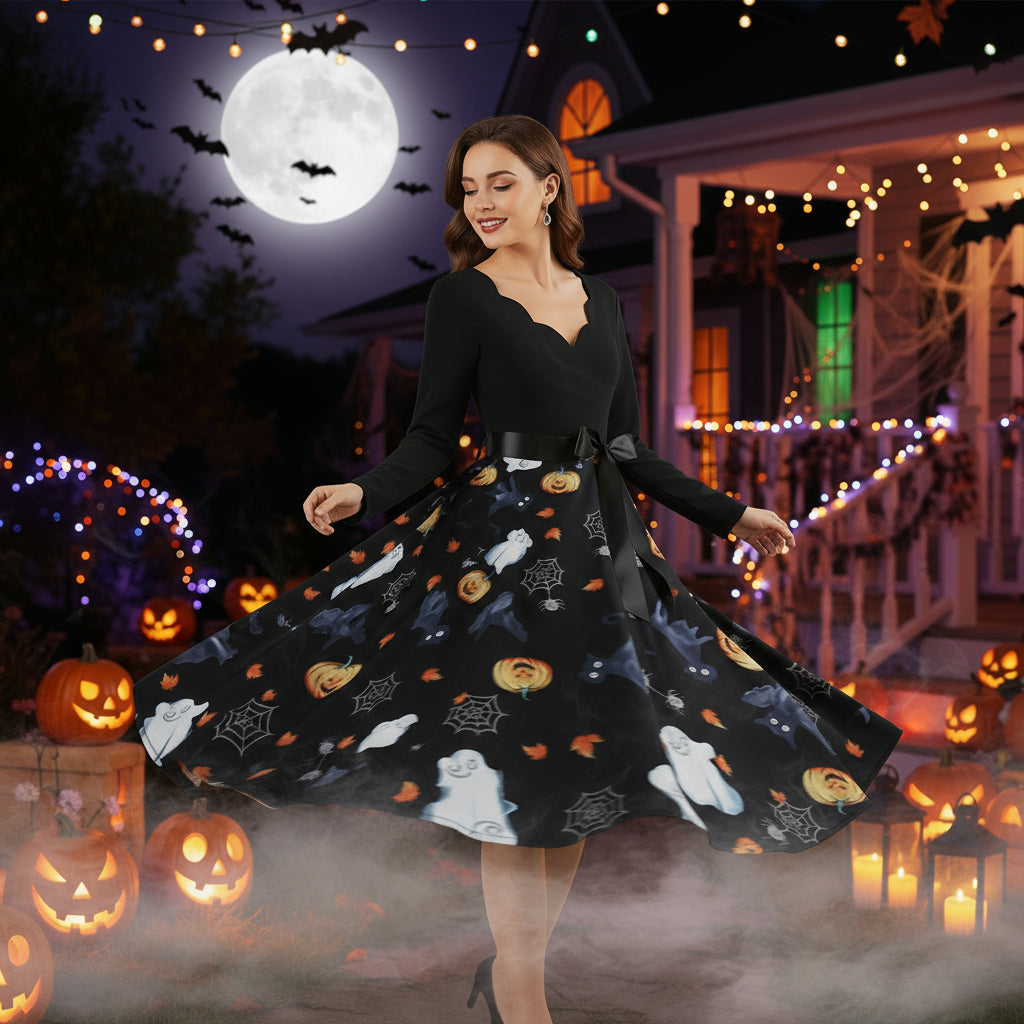 Halloween Burnt Flower V-neck Long-sleeved Sexy Print Big Swing Dress