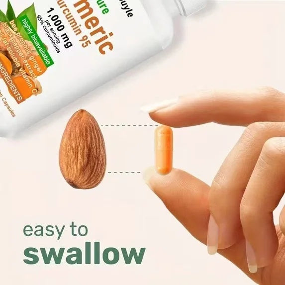 Turmeric supplement capsule in hand with bottle label showing 1,000 mg curcumin 95