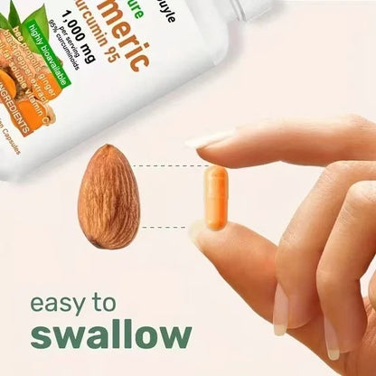Turmeric supplement capsule in hand with bottle label showing 1,000 mg curcumin 95