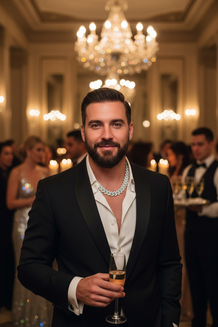 Silver S925-style tennis necklace with rectangular links, worn over white dress shirt and suit