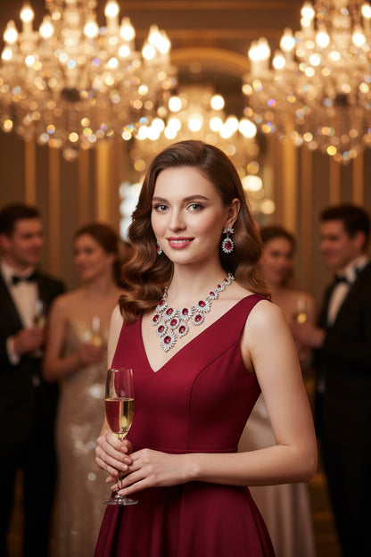 Rhinestone necklace with red-and-green stones and matching drop earrings
