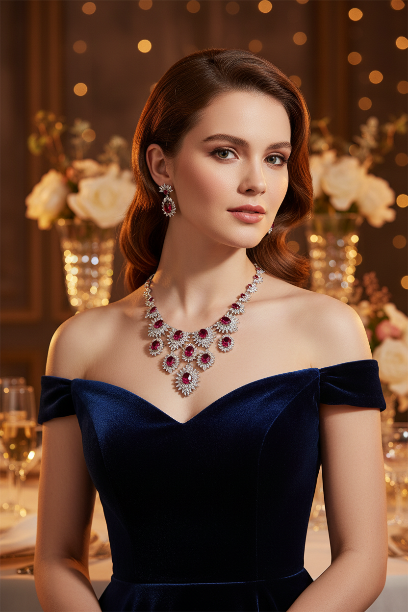 Zircon rhinestone necklace and earrings set with red, blue, and green accents
