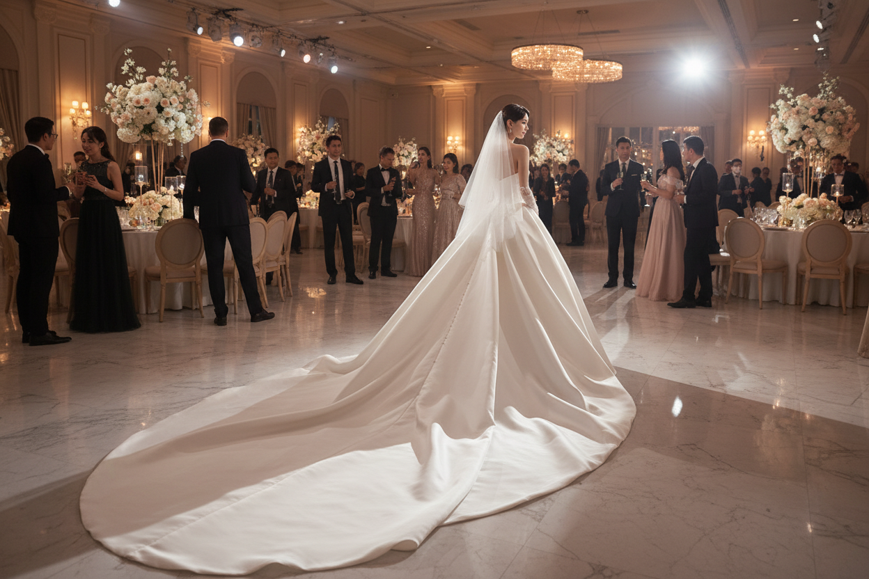 White satin princess wedding dress with long flowing train and veil, walking pose
