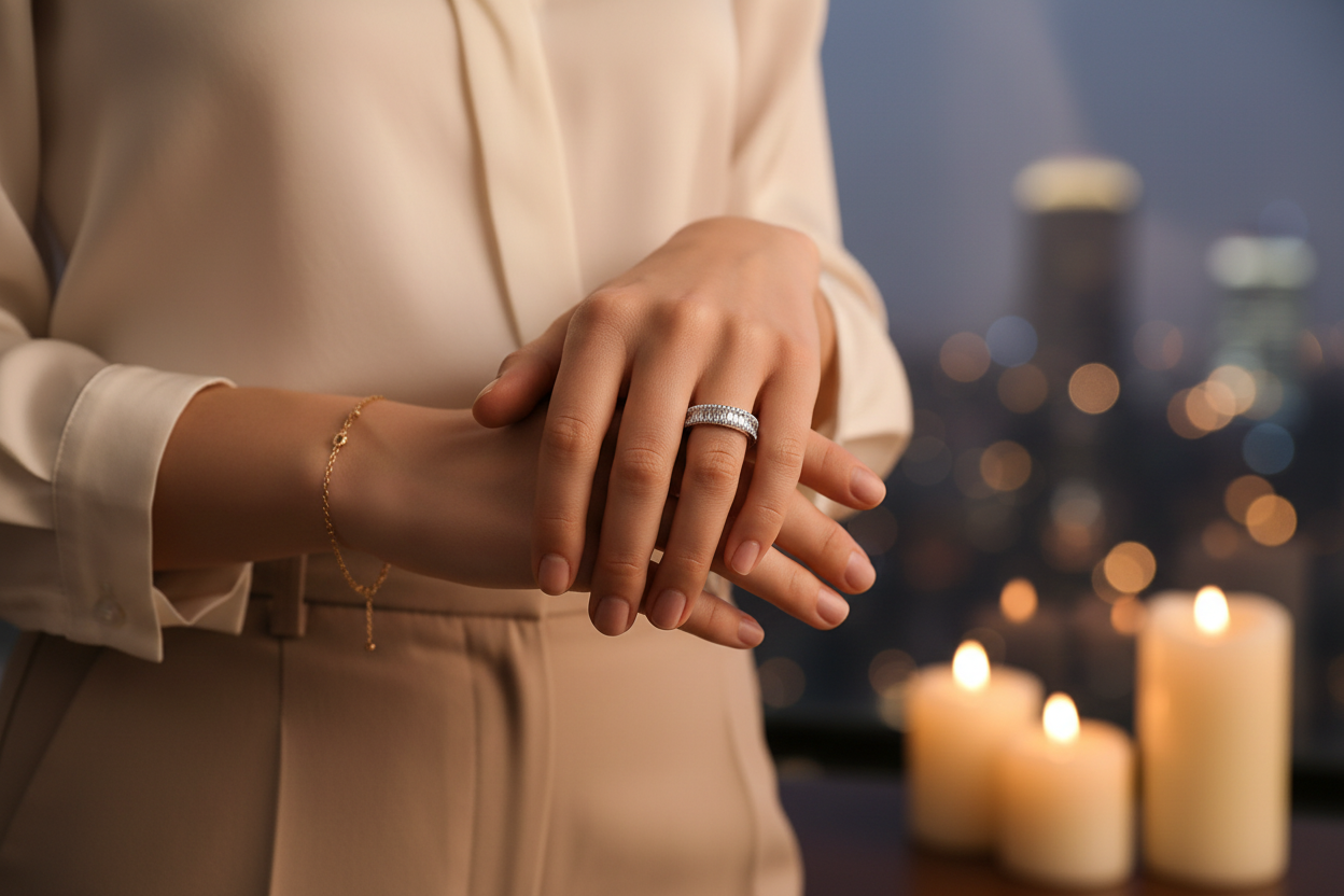 Silver moissanite ring with a pavé band, visible on the hand in a close-up grasp.