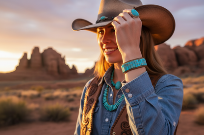 Turquoise bracelet stack with bead chain band on wrist.