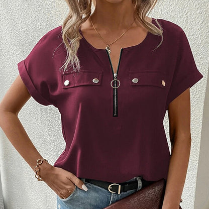 Women's V-Neck Zipper Top Solid Color Short Sleeve Blouse