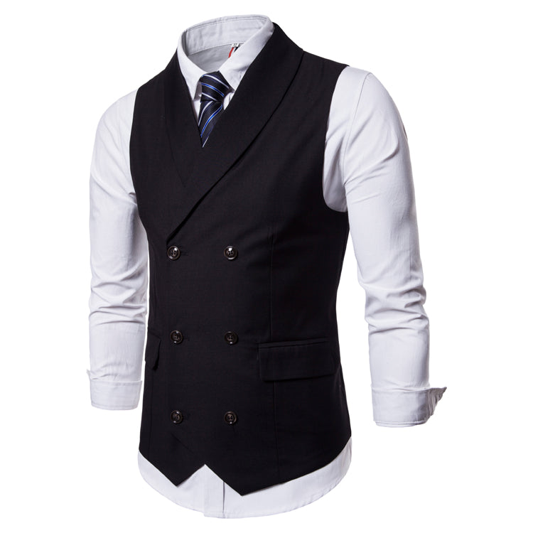 Men's double-breasted slim fit vest, black with notched lapels and front button closure