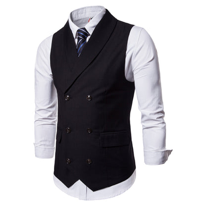 Men's double-breasted slim fit vest, black with notched lapels and front button closure
