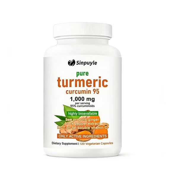 Turmeric supplement bottle, curcumin 95 1,000 mg, only active ingredients badge