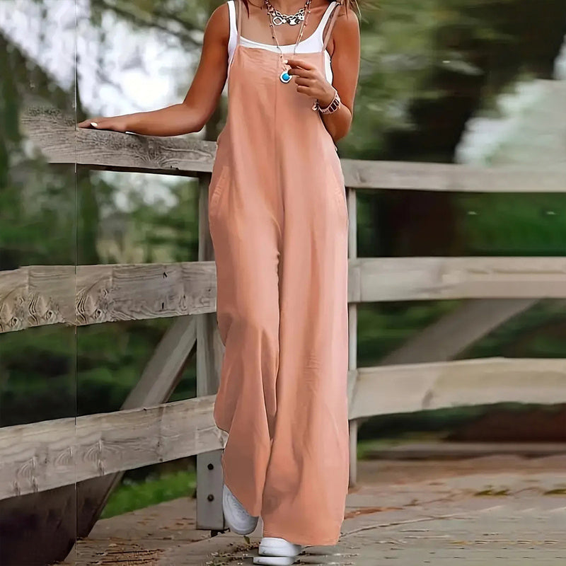 Plus Size Women's Solid Color Casual Jumpsuit - Sleeveless Romper With Pockets