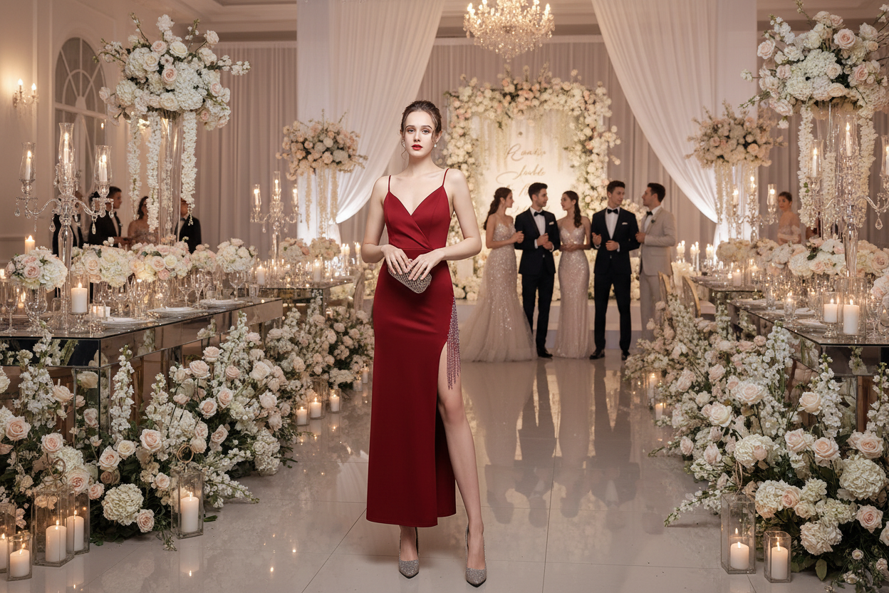 Burgundy long camisole gown with V-neckline and side slit hem.