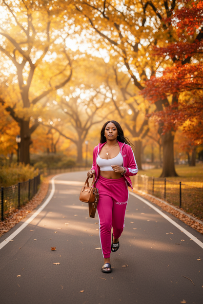 Rose red track suit set with zip-up jacket, white side stripes, letter embroidery