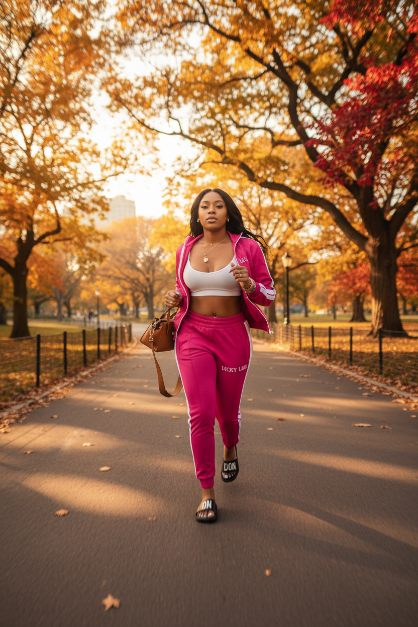 Rose red zip-up track jacket and joggers with white side stripes and embroidered letters