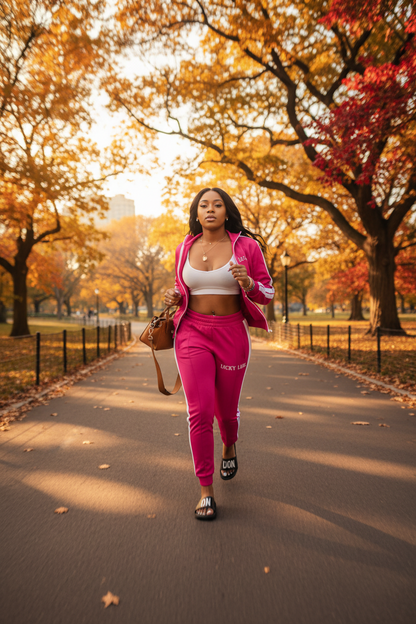 Rose red zip-up track jacket and joggers with white side stripes and embroidered letters