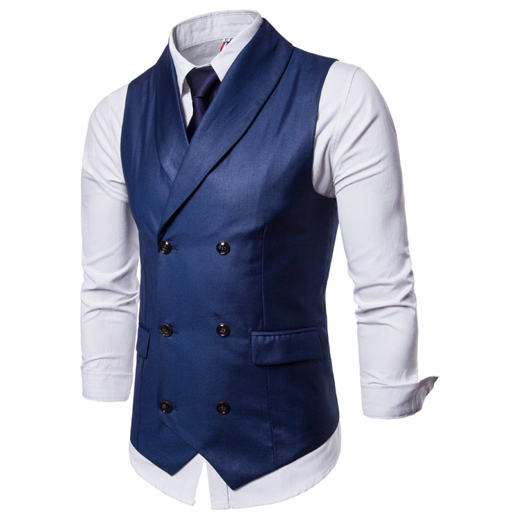 Men's double-breasted slim fit vest, blue with notched lapels and front button closure