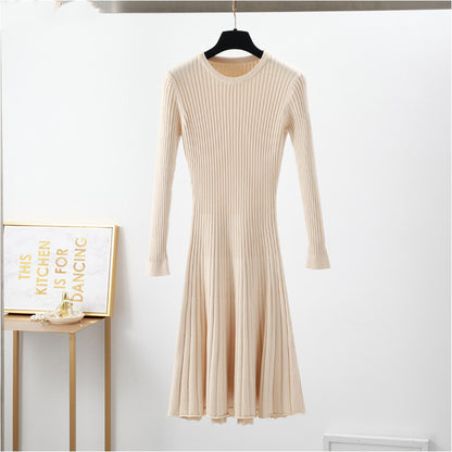 Round Neck Knitted Long Sleeve A- Line Dress