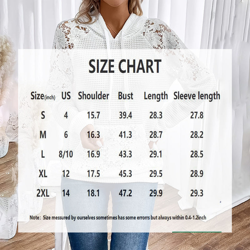Women's Solid Color Casual Sweatshirt With Lace-Trimmed Sheer Sleeves & Large Lace Pockets, Pullover Hoodie