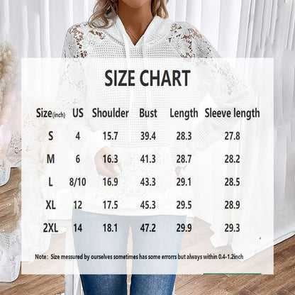 Women's Solid Color Casual Sweatshirt With Lace-Trimmed Sheer Sleeves & Large Lace Pockets, Pullover Hoodie
