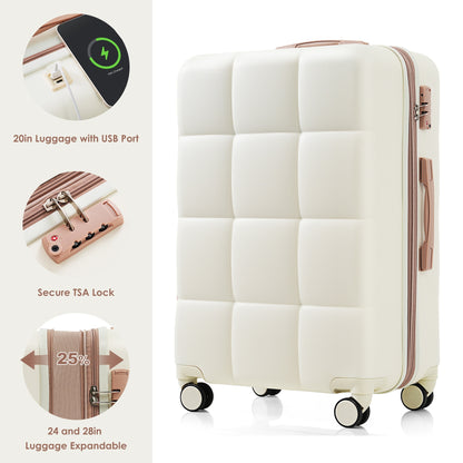4-piece Suitcase Set With USB Port, Expandable ABS Durable Suitcase With Travel Bag, Cup Holder, With Spinner Wheels, Beige