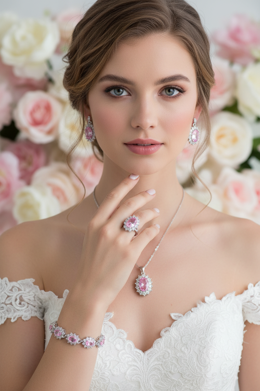 Women’s bridal jewelry set with pink-purple oval zirconia necklace, ring, bracelet