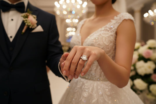 Silver wedding ring with a baguette-cut square center stone and small side stones